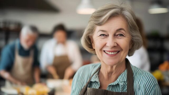 Smiling senior woman wearing an apron at a cooking class, enjoying a warm and social culinary experience. Lifestyle concept highlighting active aging, community engagement and joyful learning in the k