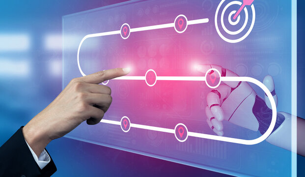 An illustration showing a human hand touching a touchscreen while interacting with a robotic hand, symbolizing the connection between technology and human goals. Ledger