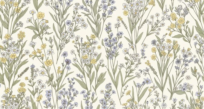 Seamless background Hand drawn wild floral arrangements with small flower. Botanical illustration minimal style.

