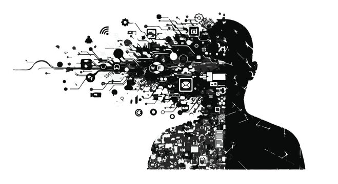 Digital human mind with technology and social media icons