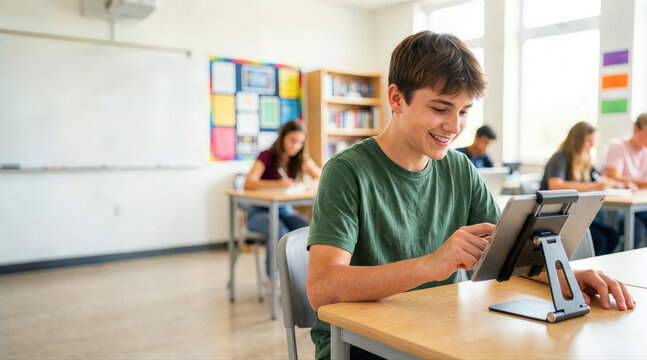 Smiling teenage boy using tablet at desk in classroom. High school student engaging in digital learning with classmates in background