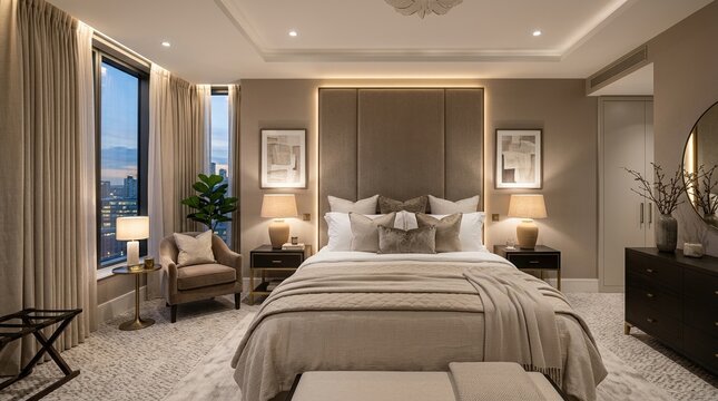 Wide interior view of a luxurious hotel-style bedroom featuring a large bed with upholstered headboard, matching bedside tables,