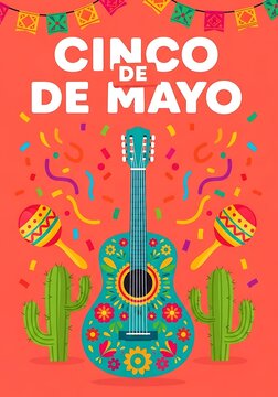 Cinco de mayo, festive guitar with maracas and cacti instrument celebration traditional decoration