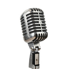 Fototapeta premium Vintage microphone stands ready for performance or recording in silver finish