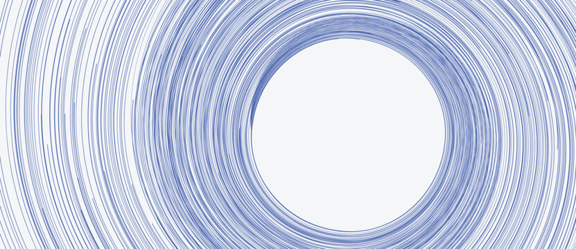 Blue abstract circular lines forming a vortex on light background. Minimalist vector illustration of digital data flow and cosmic energy rotation.