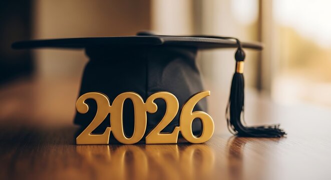 Graduation cap with gold "2026" on a wooden surface, blurred background