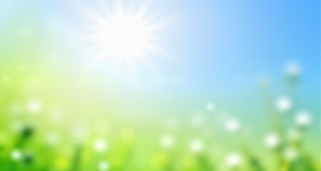 Fototapeta premium Light green, blue spring background with sun shine and blurry li 