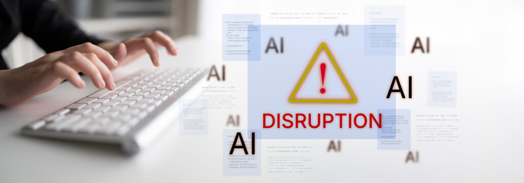Disruption warning future of work, featuring AI agents replacing human jobs. Represents labor unemployment, corporate automation cost shift, and need for new career reskilling and upskilling. Corpus