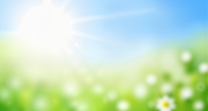 Light green, blue spring background with sun shine and blurry li
