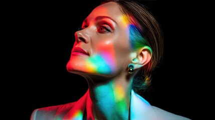 Fototapeta premium Creative Portrait of Woman with Vibrant Rainbow Light Effects on Face