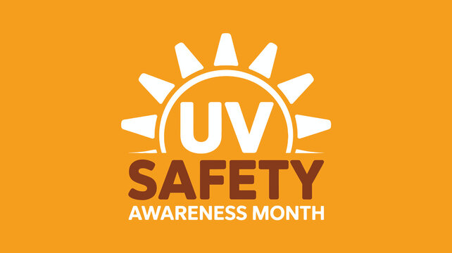 UV Safety Awareness Month Sun Protection Campaign Logo with White Sun Icon and Brown Text on Orange Background
