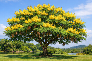 Naklejka premium Yellow poinciana ( Peltophorum pterocarpum (DC.) K.Heyne ) blooming in the garden