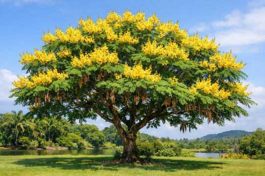 Yellow poinciana ( Peltophorum pterocarpum (DC.) K.Heyne ) blooming in the garden