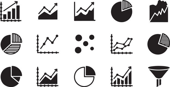 Black infographic icons, business chart graphics, 20 data visualization symbols, pie chart and graph elements