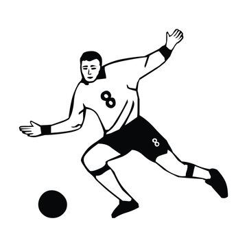 Dynamic soccer player in mid-action controlling the ball with outstretched leg.