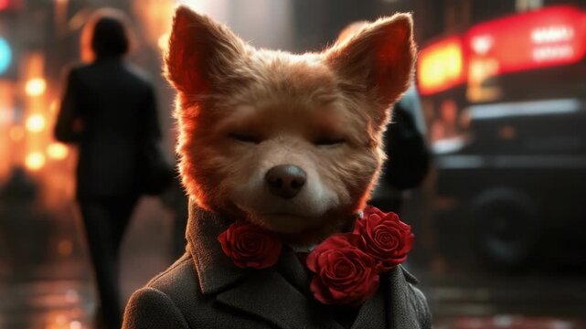 Charming canine dressed in suit with red roses in urban night scene