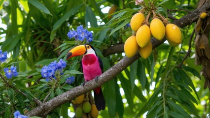 Naklejka premium A vividly colored toucan perched on a lantana branch, surrounded by mangoes.