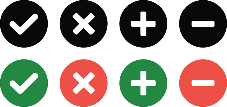 Plus minus check mark icon set, vector illustration of add subtract approve reject symbols with checkmarks and red x icons for interface and feedback design.