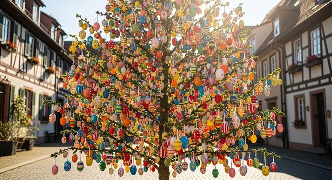Colorful easter egg tree in quaint european village street. Traditional spring decoration for easter celebration. Festive outdoor holiday display with painted hanging eggs in half-timbered town