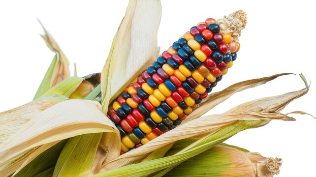 Single ear of multicolored flint corn with dried husks isolated on a white background