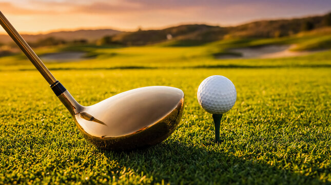 golf ball tee driver fairway course sunset swing equipment shot golden hour tee setup with metal wood and rolling hills ideal for tournament promotion lifestyle advertising and golf travel themes