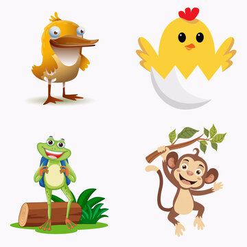 Cute Animal Cartoon Character Set Vector Illustration