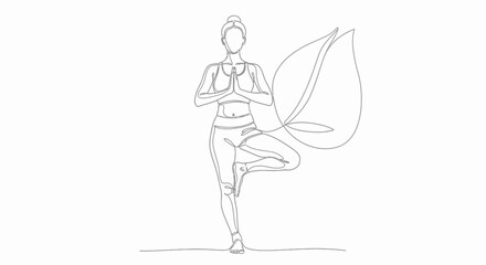 Obraz premium Continuous one line drawing of a woman practicing tree yoga pose with leaf.