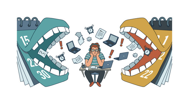 Overwhelmed employee stressed by deadlines and work pressure from calendars