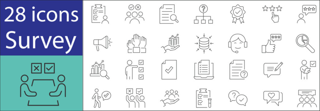 Survey icons set with questionnaire, feedback form, checklist, rating stars, and data collection concepts in modern line style.