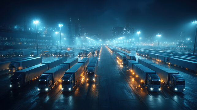 Aerial view of a massive truck yard at night with many rows of semi trailers parked under powerful blue security floodlights.