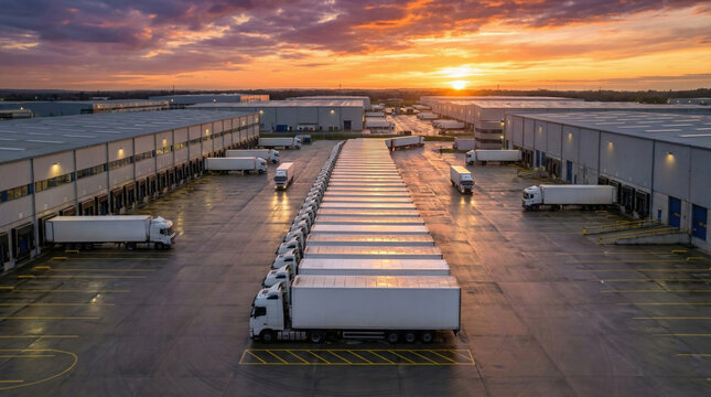Aerial view of an extensive warehouse distribution park during sunrise with numerous semi trucks in a central parking area and bright golden light.