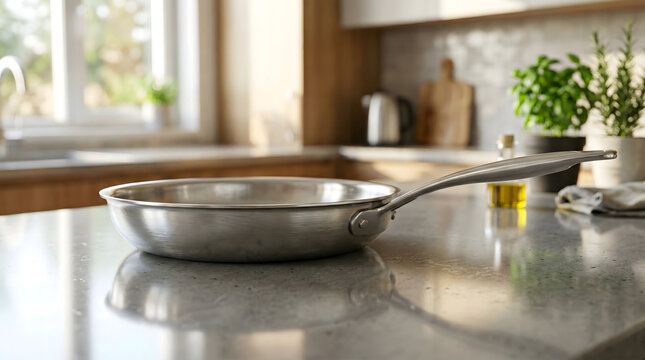 Stainless steel frying pan on modern kitchen counter, professional silver skillet on granite countertop, bright culinary interior with cookware