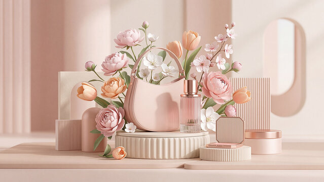 Pink handbag and perfume bottle surrounded by roses tulips and white flowers on pedestal. Elegant beauty accessories display with compact mirror. Modern luxury cosmetics fashion and feminine style