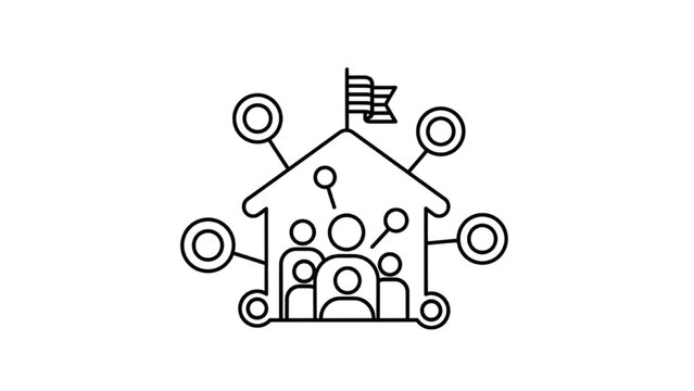Company Culture Icon: Office Building with People and Shared Values Links for Corporate Identity, Team Unity, Mission Statement, and HR Line Art Vector