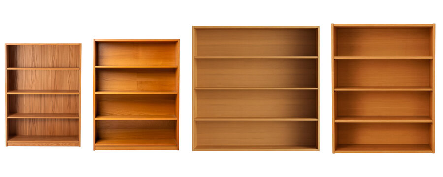 Set of empty wooden bookshelves with multiple tiers isolated on transparent background.
