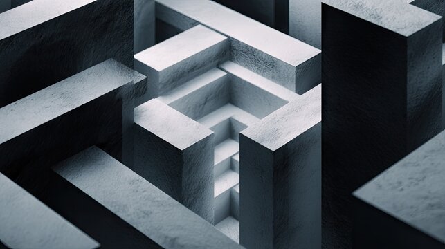 Abstract maze design rendered in grey tones with overhead lighting