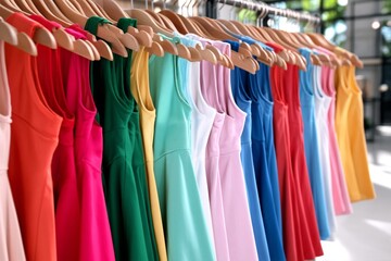 Fototapeta premium Colorful Dresses Hang on Wooden Hangers in a Retail Store During Daytime