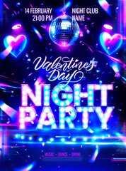 Valentines day night party flyer with disco ball and lights