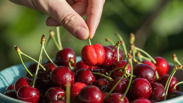 Hand picking a ripe red cherry from a bowl full of fresh cherries