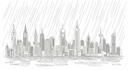 Fototapeta premium Detailed Pencil Sketch Drawing of a Rainy Modern City Skyline.