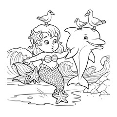 Fototapeta premium Coloring page of cute mermaid playing with dolphin and seagulls on beach near ocean waves for children leisure.