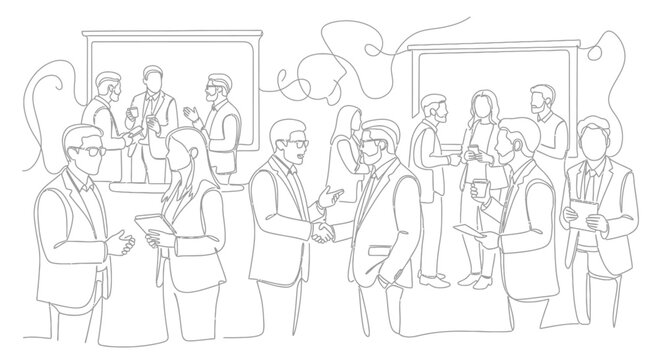 Line art illustration of professional people networking at a business conference.
