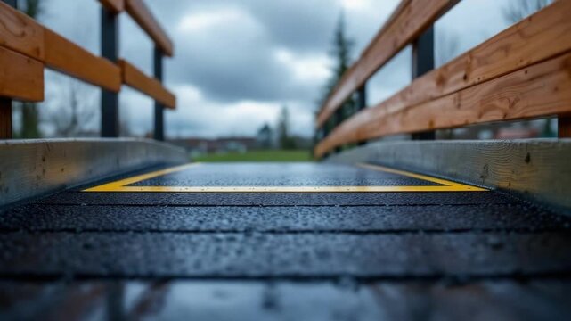 Wet wooden bridge with yellow safety line on cloudy day