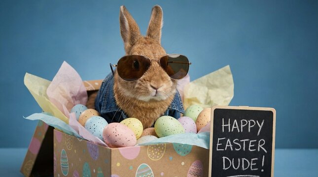 Cool rabbit in sunglasses sits in Easter box with eggs and wishes Happy Easter