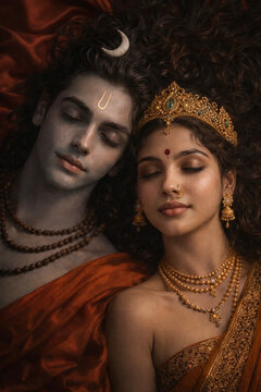 Lord Shiva and mata parvati inspired Serene Couple in Traditional Attire with Spiritual Styling and Warm Tones
