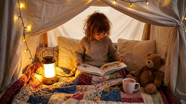 Child reading a book inside a blanket fort with a teddy bear  