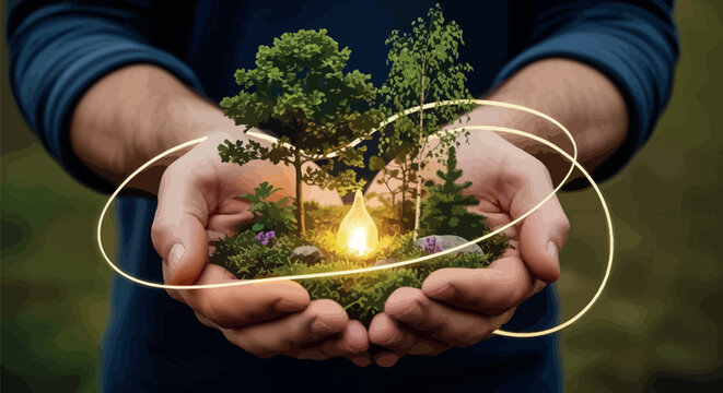 Cupped hands tenderly cradle a vibrant miniature natural ecosystem, featuring lush green trees, moss, and a glowing light, symbolizing environmental care, energy, and sustainable growth.