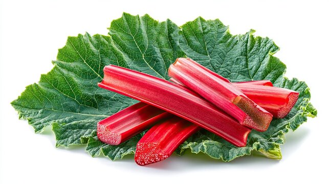 Fresh Rhubarb Stalks with Green Leafy Base on White