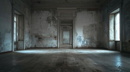 Fototapeta premium Derelict hall with repeating doorways in abandoned estate