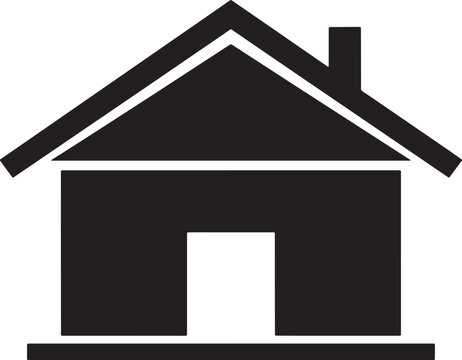 Simple black house icon with triangular roof and chimney on transparent background